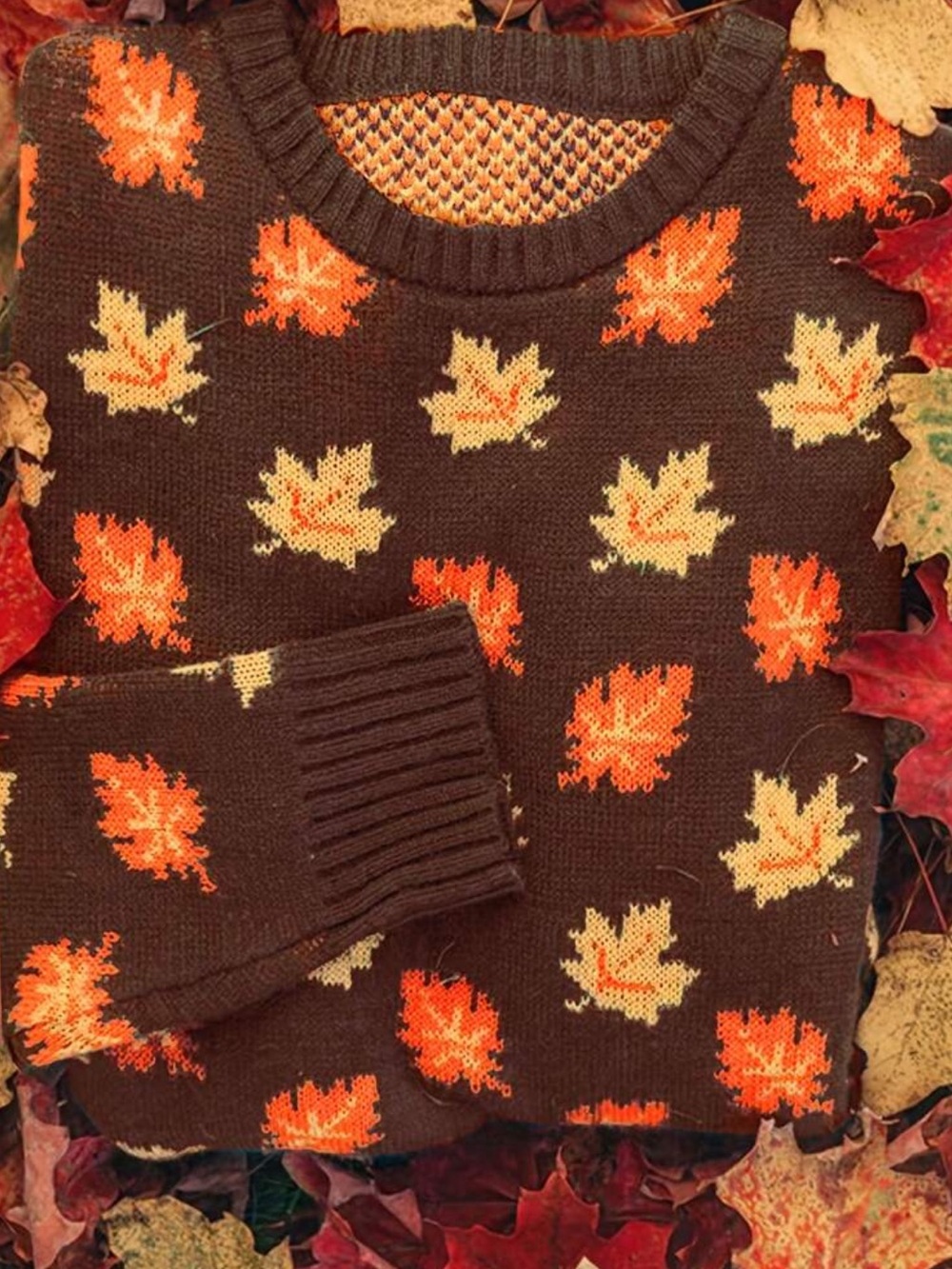 Coffee Brown Crewneck Sweater with Autumn Leaf Pattern